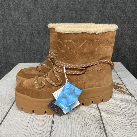Geox Spherica Waterproof Suede Platform Boots Women's 9 Warm Lining Lace Up NWT - Picture 1 of 12